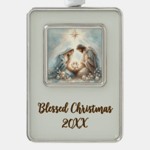 Strahlende Heilige Familie Weihnachtsszene Rahmen-Ornament Silber
