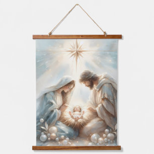Strahlende Heilige Familie Weihnachtsszene Wandteppich Mit Holzrahmen