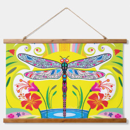 Strahlende Libelle und Wildblumen Wandteppich Mit Holzrahmen