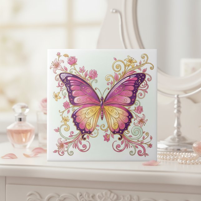 Strahlender Schmetterling Blumenmuster#4 Magenta I Fliese (Von Creator hochgeladen)