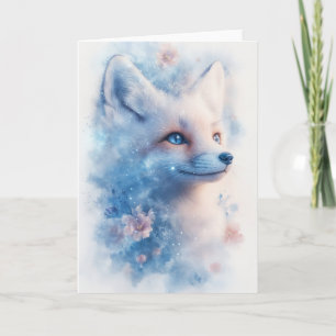Strahlender Winterfuchs mit Blüten und blauen Auge Karte