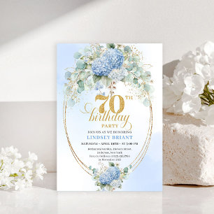 Strahlendes Boho-Blaues Blumen-Gold-Rahmen 70. Geb Einladung