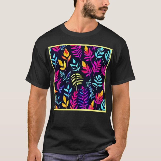 Strahlendes Herbstglühen: Neonhued Leaf Muster T-Shirt (Vorderseite)