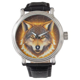 Strahlendes Wolfsgesicht, beleuchtet von goldenem Armbanduhr