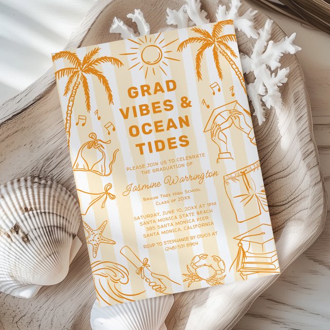 Strand-Abschluss-Vibes-Doodle Gelbe Abschlussfeier Einladung (Von Creator hochgeladen)