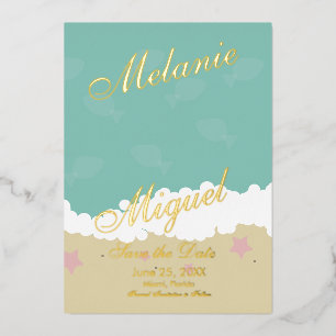 Strand Ampersand Save-the-Date-Karten gedruckt Folieneinladung