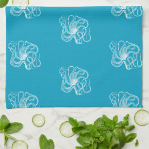 Strand Aqua Blue White Octopus Geschirrtuch