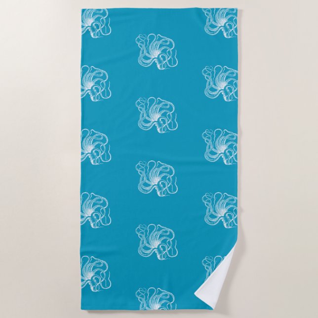 Strand Aqua Blue White Octopus Strandtuch (Vorderseite)