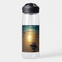 Strand bei Sonnenuntergang mit Muscheln Wasserflas