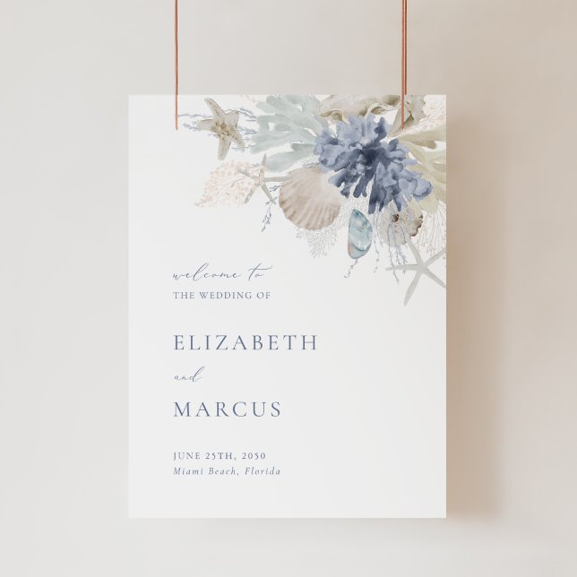 Strand Blau Acryl-Willkommensschild zur Hochzeit Acrylschild (coastal acrylic wedding welcome sign with seashells, coral, starfish, and elegant blue typography)