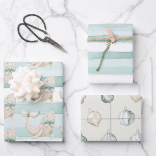Strand Blau Küsten Weiße Wal Streifen Weihnachten Geschenkpapier Set