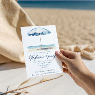 Strand, Blau und Weißer Sonnenschirm, Brautparty Einladung