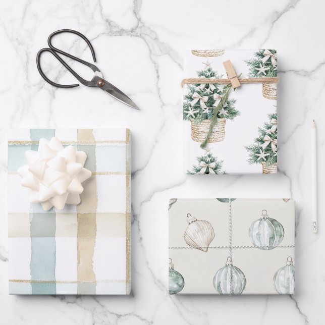 Strand Blau Weiße Weihnachtsbaum-Ornamente Geschenkpapier Set (Vorderseite)