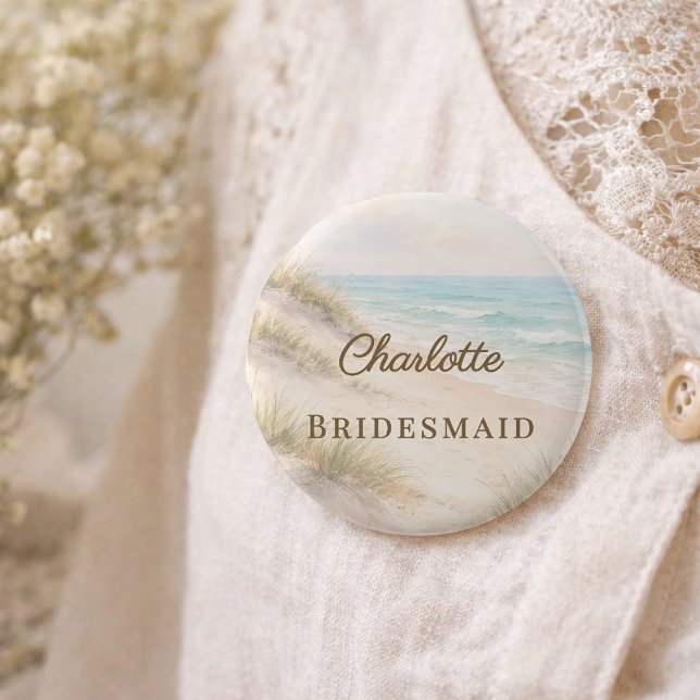 Strand Elegante Hochzeitsbrautjungfer Namensschild Button (Von Creator hochgeladen)