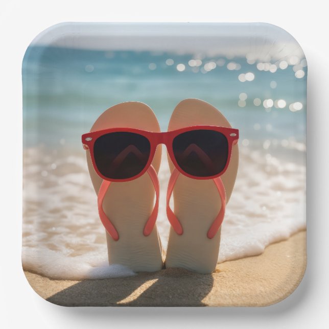 Strand Flip-Flops mit roter Sonnenbrille Pappteller (Vorderseite)