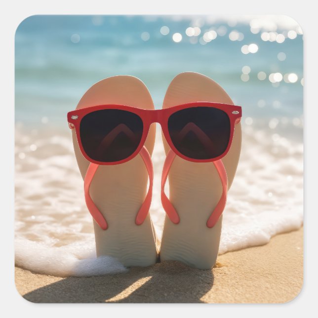 Strand Flip-Flops mit roter Sonnenbrille Quadratischer Aufkleber (Vorderseite)