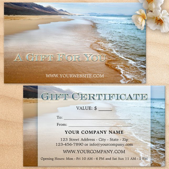 Strand-Geschenkgutschein (Business card size gift certificate featuring an image of the beach)