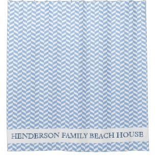 Strand-Haus-Name-Fischgrätenmuster-blaues Weiß Duschvorhang