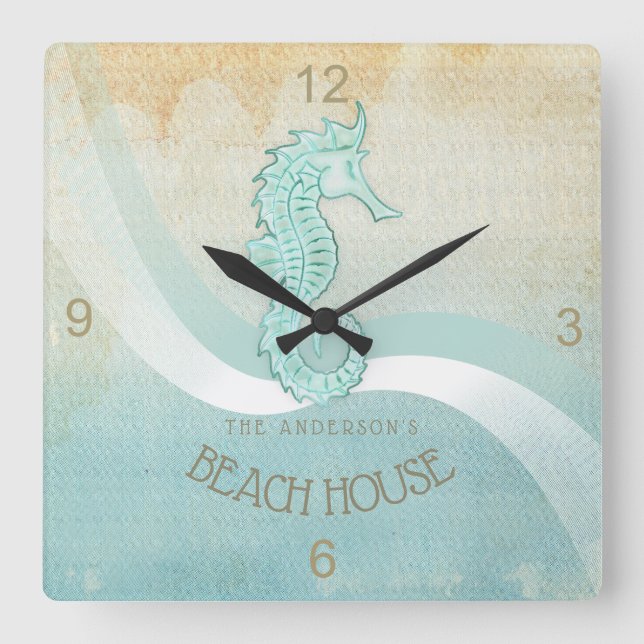 Strand-Haus-Seepferd-Aqua blaues ID623 Quadratische Wanduhr (Vorderseite)
