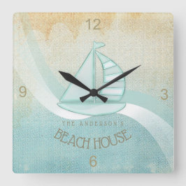 Strand-Haus-SeeSegelboot-Aqua blaues ID623 Quadratische Wanduhr
