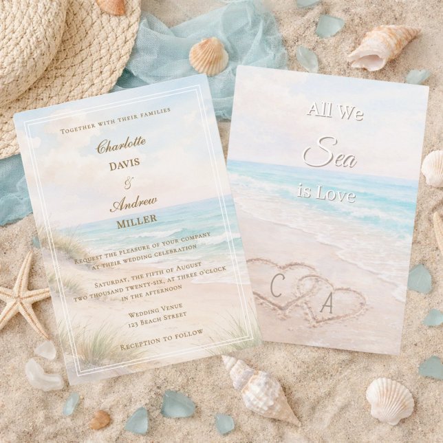 Strand Herzen Sand Initialen Hochzeit Einladung (Von Creator hochgeladen)
