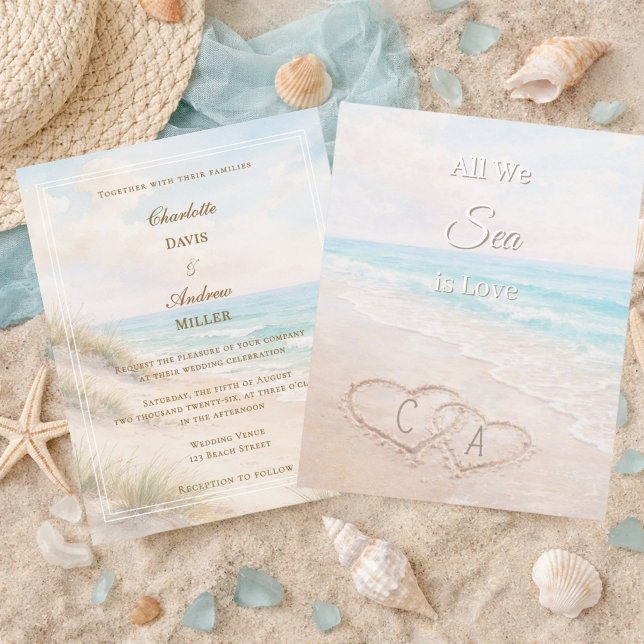 Strand Herzen Sand Initialen Hochzeits-Einladung (Von Creator hochgeladen)