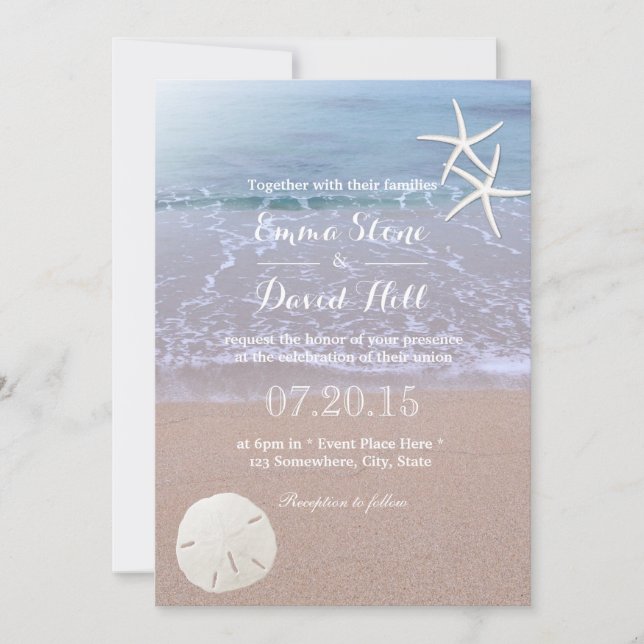 Strand Hochzeit Sand Dollar & Starfish Einladung (Vorderseite)