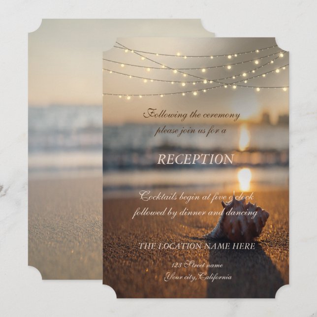 Strand Hochzeit Sonnenuntergang Muschel Empfang Einladung (Vorne/Hinten)