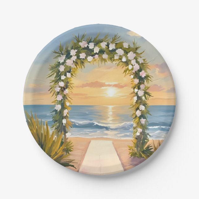 Strand-Hochzeitsbogen-Blumen-Watercolor Pappteller (Vorderseite)