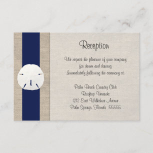 Strand-Hochzeitsempfangskarte Navy mit Sand-Dollar Begleitkarte