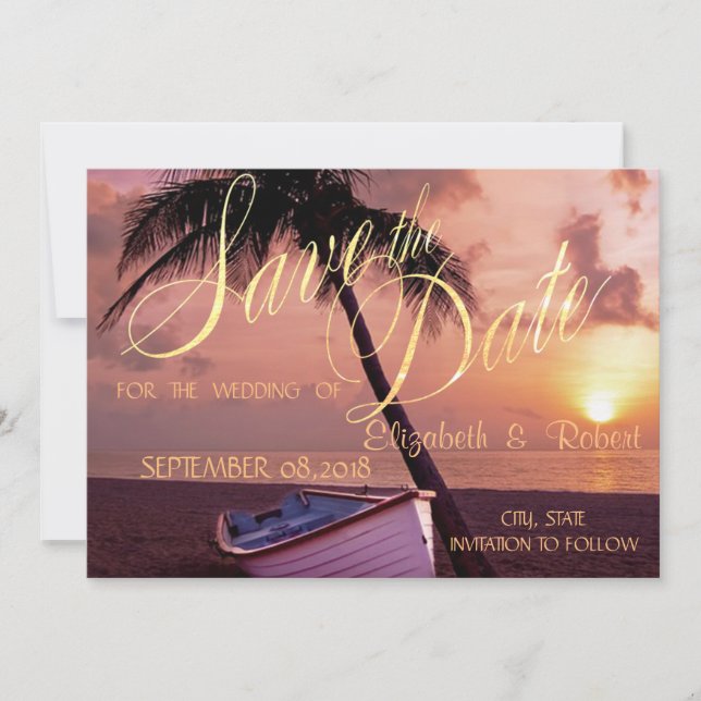 Strand Hochzeitspalme, Sonnenuntergang, Boot Save  The Date (Vorderseite)