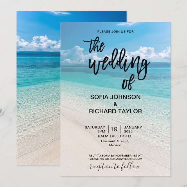 Strand Hochzeitsziel tropische Sommer Meer invi Einladung (Vorne/Hinten)