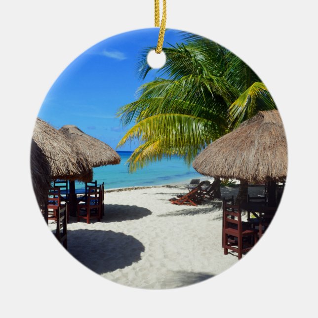 Strand-Hütten-Palme-aquamarines Wasser Vaca Keramik Ornament (Vorne)