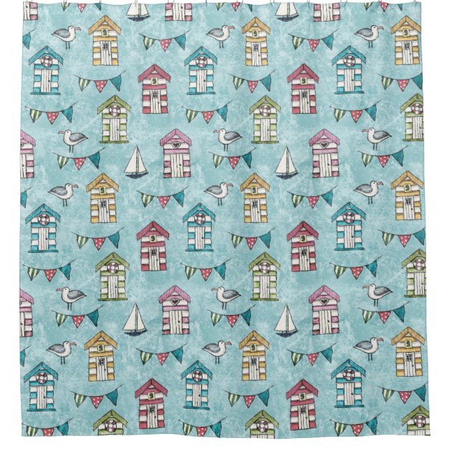 Strand-Hütten-und Möven-Küsten-Muster Duschvorhang (Vorderseite)