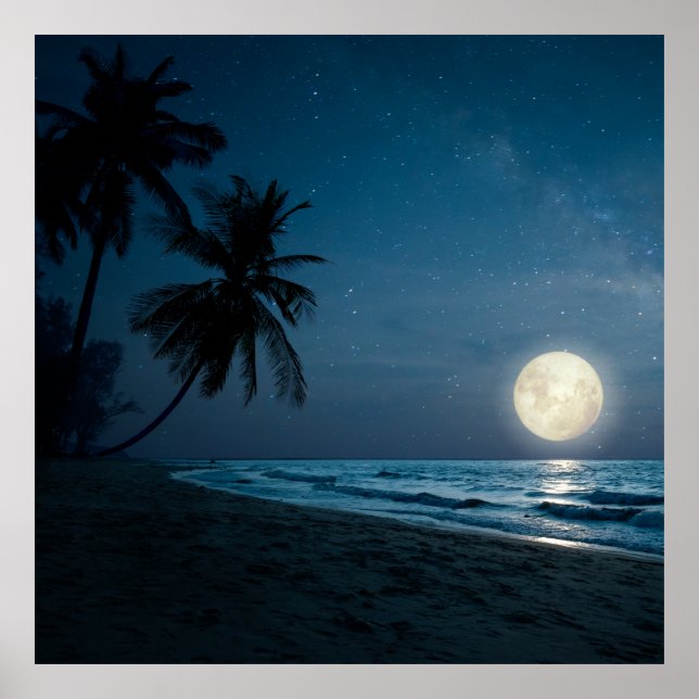 Strand in der Nacht Himmel und Vollmond Poster (Vorne)