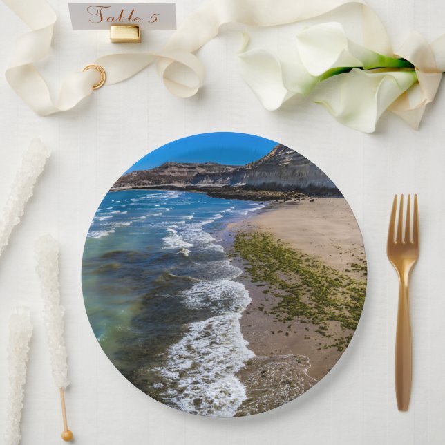 Strand in Puerto Piramides, Argentinien Pappteller (Hochzeit)