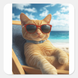 STRAND-INGWERKATZE-AUFKLEBER QUADRATISCHER AUFKLEBER