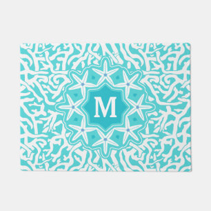 Strand-Korallenriffstarfish-Monogramm im Aqua-Blau Fußmatte