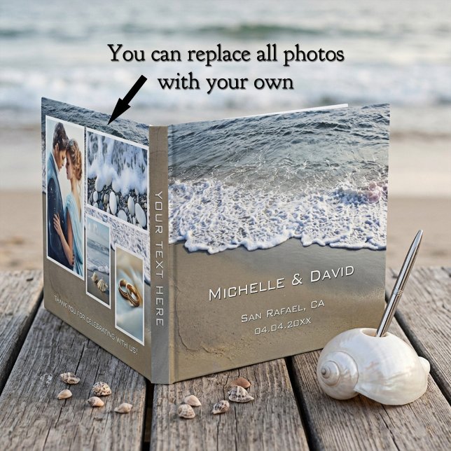 Strand Küsten Hochzeitsfoto Gästebuch (Beach or destination wedding guest book featuring waves and a collage with your custom photos)