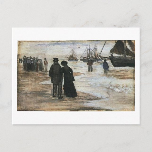 Strand, Leute zu Fuß & Boote Van Gogh Fine Art Postkarte (Vorderseite)