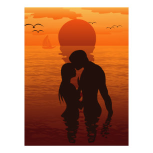Strand-Liebe-Romance Silhouette-Paare im Meer Fotodruck