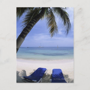 Strand, Loungestuhl, Palme, Horizont über Postkarte