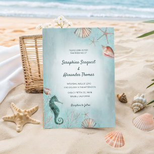 Strand Meer Blaue Aquarell-Muscheln Hochzeit Einladung