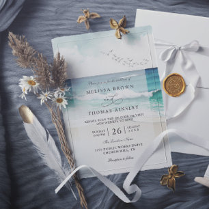 Strand Meer Sand Wasserfarbe QR-Code Hochzeit Einladung