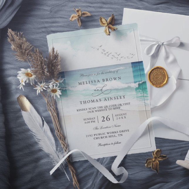 Strand Meer Sand Wasserfarbe QR-Code Hochzeit Einladung (Von Creator hochgeladen)