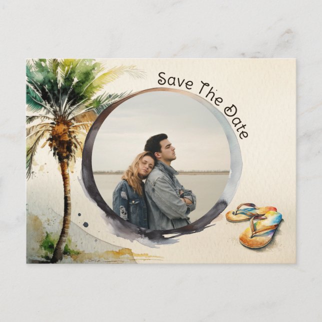 Strand mit Aquarellfarben Save the Date Postkarte (Vorderseite)