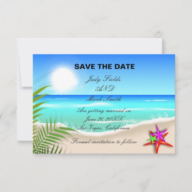 Strand mit bunter Starfish Save the Date Karte (Vorderseite)