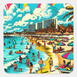 Strand mit Comic Book Pop Art Vibe Quadratischer Aufkleber