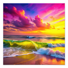 Strand mit Gelb und Rosa Ozeanwellen Lebhaft Fotodruck