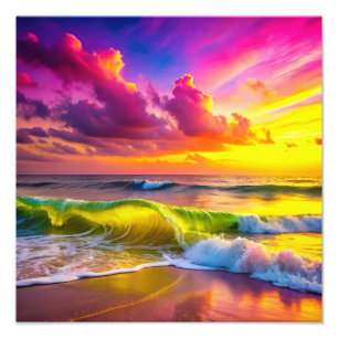 Strand mit Gelb und Rosa Ozeanwellen Lebhaft Fotodruck
